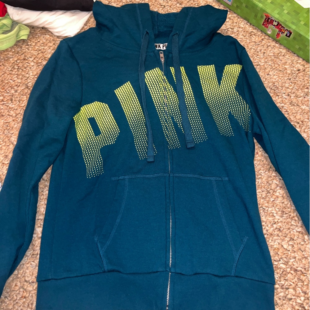 Victoria's Secret Pink Logo Zip Up Hoodie in Turquoise and Green
